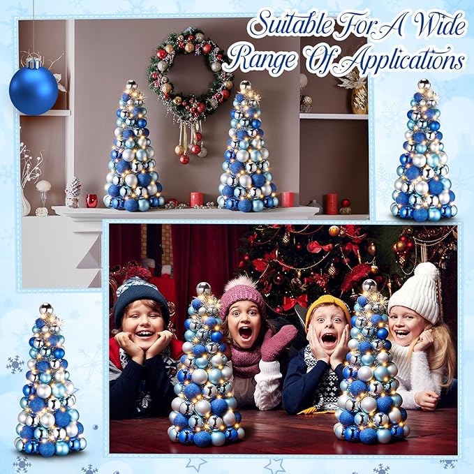 Meooeck 2 Pcs Christmas Ball Tree with Lights 16 Inch LED Fireplace Table Holiday Xmas Tree Decorations Tabletop Christmas Beach Decorations for Party (Blue,Silver)