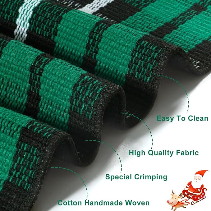 OJIA Christmas Door Mat Outdoor 24"x51" Green Plaid Front Door Rug, Washable Holiday Doormat Outdoor Porch Rug Farmhouse Throw Carpet Layered Door Mats for Entrance Kitchen Indoor Decor