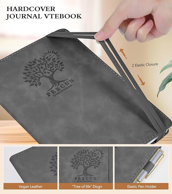 Lined Journal Notebook for Men & Women,200 Pages A5 Hardcover Leather Notebook (5.9"x8.5"), Travel Journal for Work, School, Business Writing, Note Taking, Notepad Diary (Grey)
