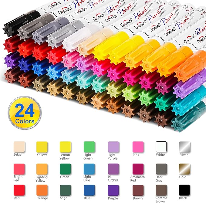 Paint Marker Pens - 24 Color Permanent Oil Based Markers, Medium Tip, Quick Dry and Waterproof Assorted Color Paint Pens for Metal, Wood, Plastic, Stone, Mugs, Canvas, Glass, Art Craft