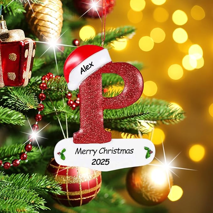 Personalized 26 Letters Ornaments for Christmas Tree 2025, Custom Christmas Ornament with Family Member's Names 3D Resin Xmas Hanging Pendant Original Gifts for Family Friends(P)