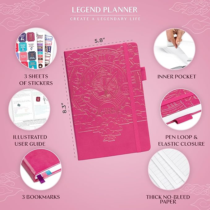 Legend Planner Hourly Schedule Edition – Deluxe Weekly & Daily Organizer with Time Slots. Time Management Appointment Book Journal for Work & Personal Life, Undated, A5 Hardcover – Hot Pink, Gold Foil