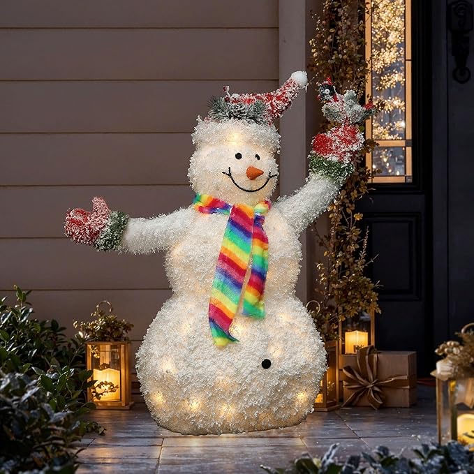 LuxenHome 3FT Lighted Snowman Outdoor Christmas Decorations, Battery Operated Frosted Snowman Christmas Decor with 40 LED Light, Xmas Decorations Outdoor, Indoor for Porch, Lawn Holiday Display