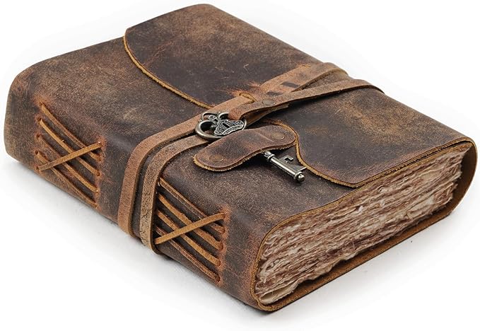 LEATHER VILLAGE Vintage Leather Journal – 200 Handmade Vintage Deckle Edge Paper – Leather bound Journal For Women Men – Vintage Key Closure - Book of Shadows - Cappuccuno Brown - 10X7 inches