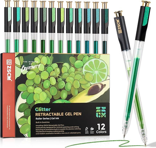 Retractable Glitter Gel Pens, 12 Colors Large Capacity Green Glitter Metallic Gel Ink Pen, 1 mm Fine Point Smooth Writing Color Pens for Adult Coloring Book Note Taking Aesthetic Art Supplies