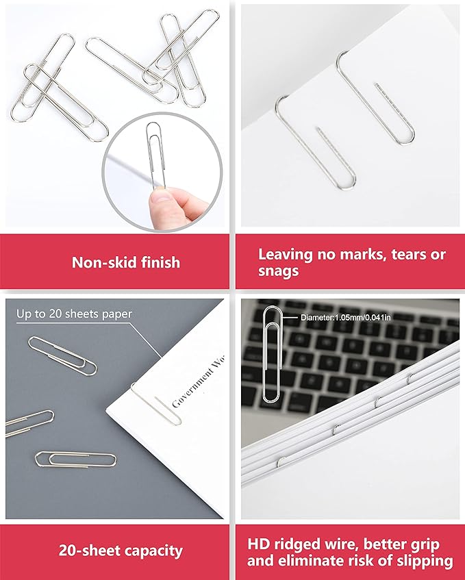PAPERPAL Paperclips for Office School & Personal Use, Jumbo Nonskid Paper Clip (2"), 300 Large Paper Clips (3 Boxes of 100 Each), Silver