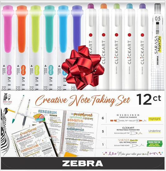 Zebra Pen Creative Notetaking Set 12-Pack, Includes 6 Highlighters, 5 ClickArt Retractable Marker Pens, and 1 Sarasa Retractable Gel Pen, Assorted Ink Colors (12012)