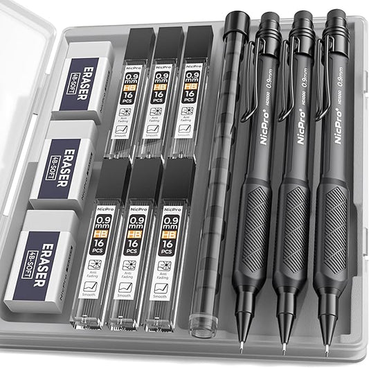 Nicpro Art Mechanical Pencil 0.9mm with Case, 3PCS HD1000 Hevey Duty Lead Pencils With 6 Tube HB 0.9 Lead Refill, Eraser, Weatherproof Barrel Pencil Set for Outdoor Writing Drafting Drawing Sketching