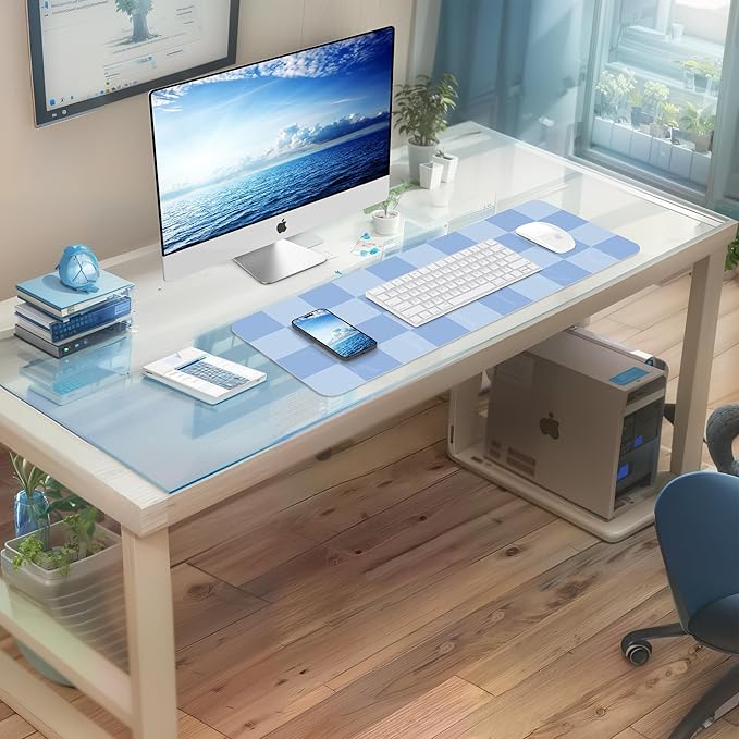 Non-Slip Desk Pad, Waterproof PU Leather Protector, Easy Clean Laptop Mat for Work/Home/Decor (Light Blue, 31.5" x 12"