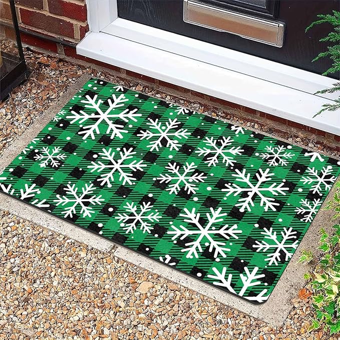Merry Christmas Door Mat Xmas Snowflakes Doormat Non Slip Rubber Entry Front Porch Rugs Green Plaid Welcome Mats for Christmas Indoor Outdoors, 16" x 24" Inch