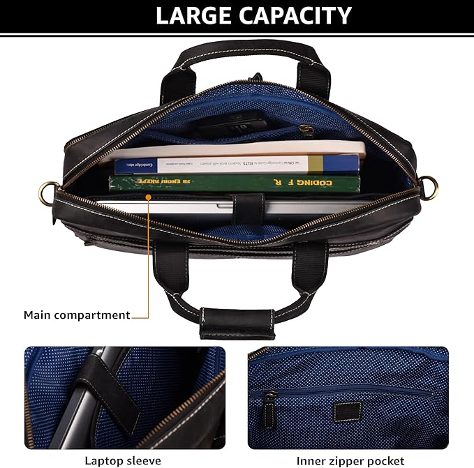 LEATHER VILLAGE 16" Leather Laptop Messenger Briefcase Bag for Men-Leather Satchel for Travel and Office Shoulder Bag-Black