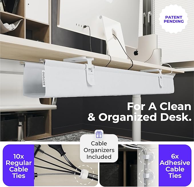Ascrono Original No Drill Under Desk Cable Management Tray 14.1" - Premium White Fabric Cable Management Under Desk - Clamp/Screw Mount Cord Organizer - Supports Upto 66lbs