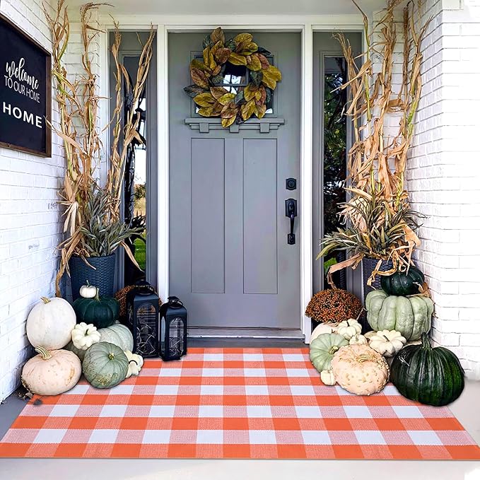 Orange and White Plaid Rug, 4' x 6' Fall Outdoor Front Door Decor Mat, Cotton Washable Hand-Woven Rug for Layered Doormat, Autumn Halloween Thanksgiving Carpet for Porch, Entryway