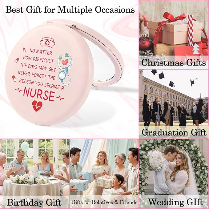 Nurse Gifts for Women Girls Christmas Stocking Stuffers Nurse Week Gifts Pink Small Handheld Makeup Mirror for Nursing Student Personalized Nurses Gift for Birthday Graduation Valentines Day