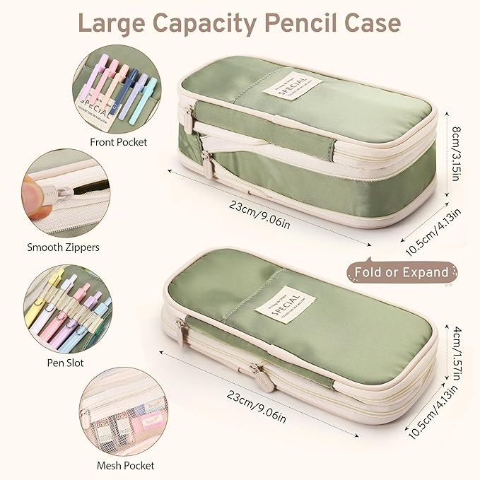 DazSirit 62 PCS Aesthetic School Supplies with Foldable Pencil Case, 12 Pastel Highlighters, 4 Erasable Pens, 5 Gel Pens, 6 Mechanical Pencils, Sticky Notes, Complete Stationery Kit for Teens, Green