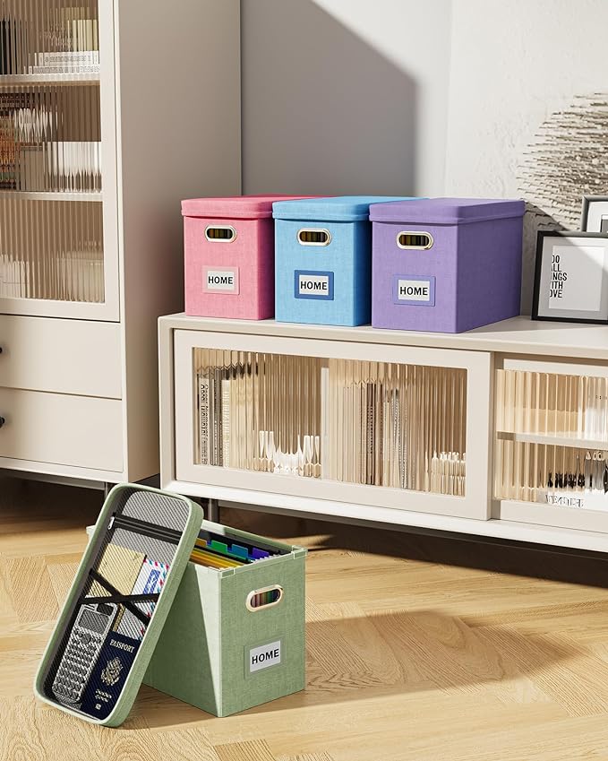 Oterri File Organizer Box with Lid, Hanging Filing File Box with Mesh Pocket, Document Organizer Box for Letter Files, Portable Storage Box with Smooth Sliding Rail for Office&Home (1 PCS, Lavender)