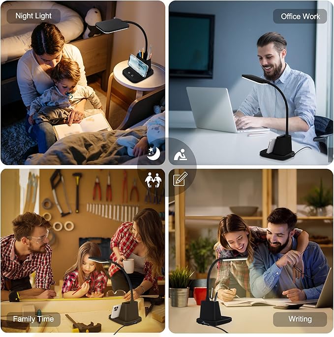 Sailstar Desk Lamp, LED Desk Lamps for Home Office, Wireless Charger Small Desk Lamp with Pen Holder, 3 Color Modes, Dimmable, CRI 85, 800LM, Study Lamps for College Dorm Room, Adapter Included, Black