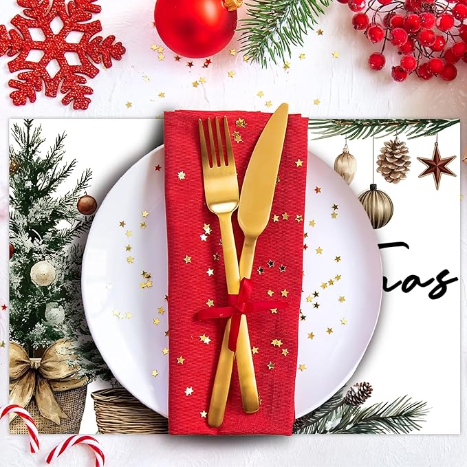50 Pack Pine Trees Merry Christmas Balls Paper Placemats,16x 11 Inch Xmas Tree Disposable Placemats Seasonal Winter Xmas Holiday Table Mats for Kitchen Dining Christmas Party Decor