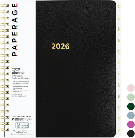 PAPERAGE 2026 Weekly & Monthly Planner, 12 Months (January 2026 - December 2026), 9.2 in x 11.2 in, Spiral Bound 2026 Planner with Weekly, Monthly & Yearly Views, Note Pages & Inner Pocket – Black
