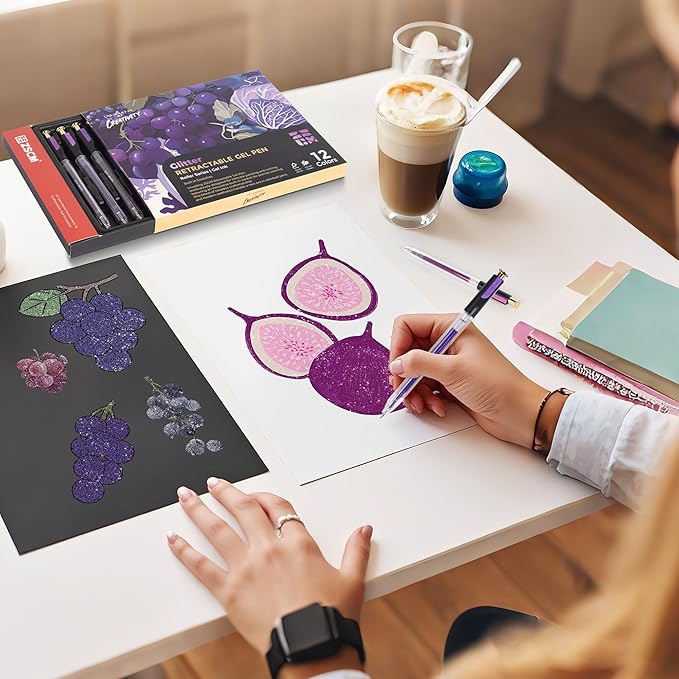 Retractable Glitter Gel Pens, 12 Colors Large Capacity Purple Glitter Metallic Gel Ink Pens, 1 mm Fine Point Smooth Writing Color Pens for Adult Coloring Book Note Taking Aesthetic Art Supplies