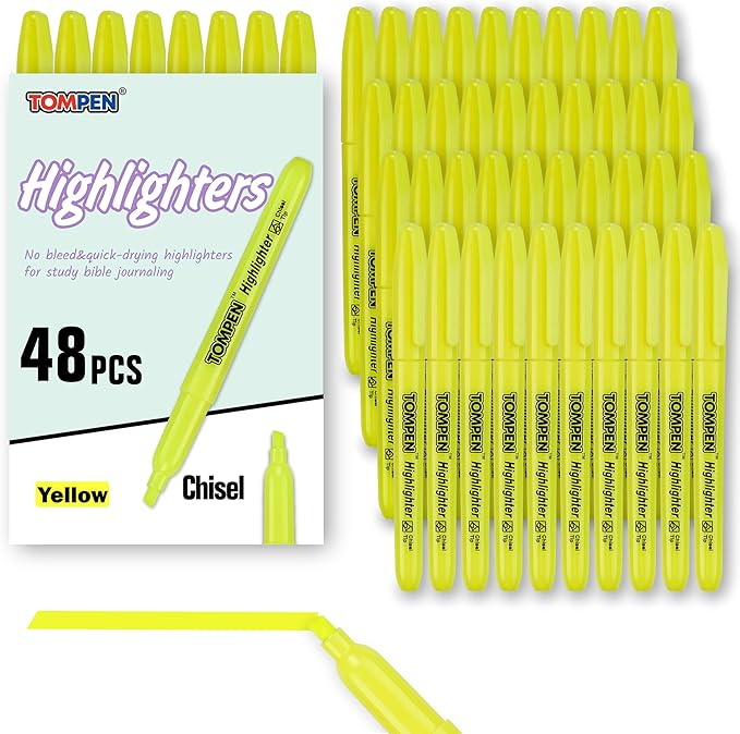 Highlighters Yellow 48 Pack,Bible Highlighters No Bleed–Bulk Chisel Tip High lighter Markers Set for School, Office,Study, Journaling–Smear-Free,Quick Dry–Fluorescent Pens for Teachers Students