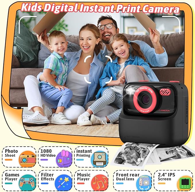 Kids Instant Digital Cameras for Boys and Girls, 1080P HD Dual-Lens Selfie Digital Camera with Print Paper & 32G Card, Christmas Birthday Gifts Toys for Toddler and Teenagers Age 3-16 Years Old