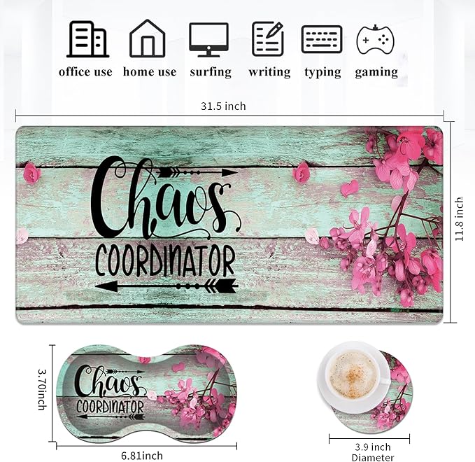 Large Gaming Mouse Pad + Wrist Rest + Coffee Coaster, Extended Waterproof Desk Mat with Stitched Edge 31.5"x11.8", Non-Slip Keyboard Desk Mat Pad for Office & Home, Quote Chaos Coordinator