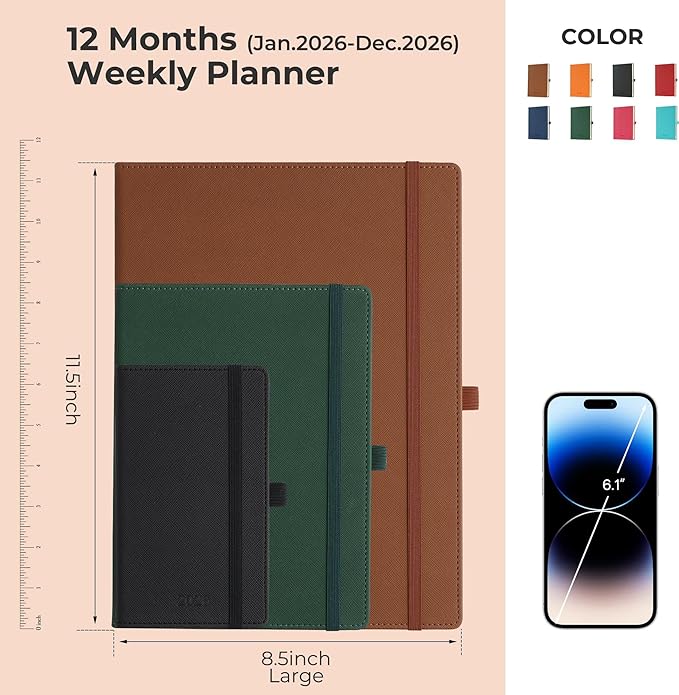 Weekly Monthly 2026 Planner (Jan.26-Dec.26),11.5"x8.5",12 Months Agenda Plan with Month Tabs & Pocket,Expenses/Note Pages, Appointment Book Calendar with Hardcover Vegan Leather Cover,Brown