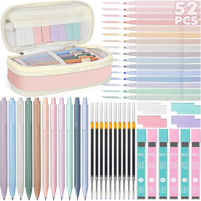 52 PCS Aesthetic School Supplies with Cute Pencil Case, Stationery Essentials with Pens Pencils and Pastel Highlighters Set,College Back to School Supplies for Teen Girls,Pastel Office Supplies-Pink