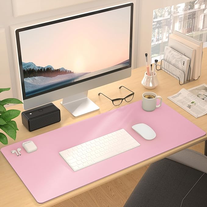 Leather Desk Pad Protector, Mouse Pad, Non-Slip Computer Mat for Desk, PU Leather Office Desk Mat for Home & Office, Waterproof Laptop Desk Blotter for Keyboard and Mouse, Pink (15.7''X31.5'')