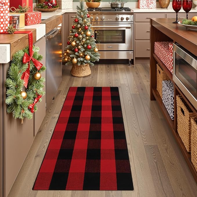 OJIA Christmas Front Door Mat 24"x51", Red Plaid Front Porch Rug Machine Washable Rugs for Kitchen Entryway Doormat Indoor Outdoor Layered Door Mats Farmhouse Throw Rug for Bathroom/Bedroom