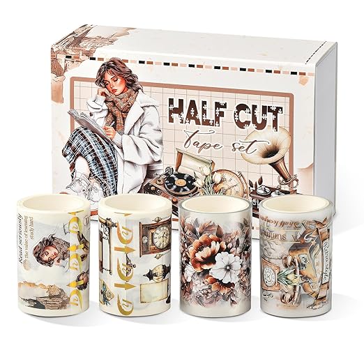 Snycler Pre-Cut Brown Memory Themed PET Washi Tapes - Vintage Aesthetic Tape Stickers for Journaling, Scrapbooking, Junk Journals, Crafts, Planners - 4 Rolls