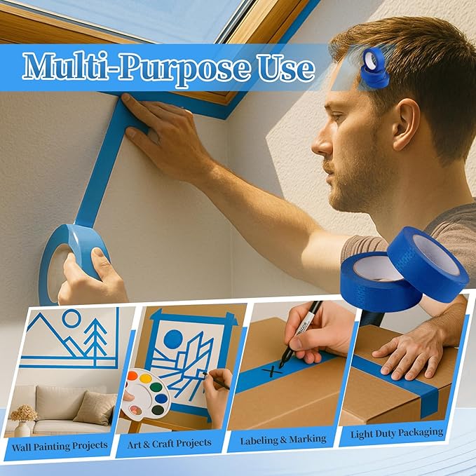 10 Rolls Painters Tape 2 Inch Wide Bulk, No Residue Blue Paint Tape 2 Inches x 55 Yards, Easy-Release Masking Tape for Painting Walls, Baseboards and Home Renovation
