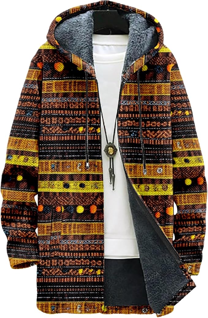 MARSVOVO Mens Cardigan Sweater Cool Graphic Lined Fleece Long Coat Zip With Pockets Fashion Coat Warm Fitted Jacket