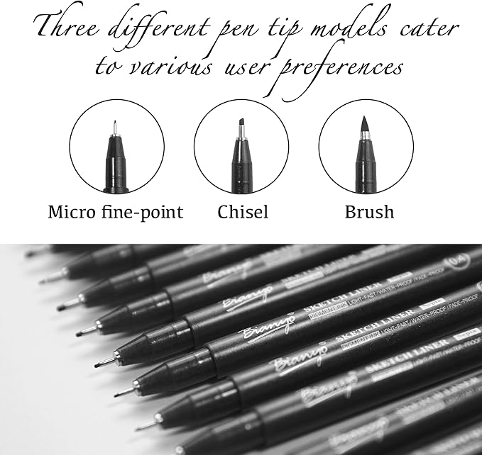 Bianyo Black Art Pen Set - 12 Assorted Sizes Fine Line Drawing, Upgraded Pigment Ink, Water-Resistant Archival Pens for Artists, Crafters, and Journaling