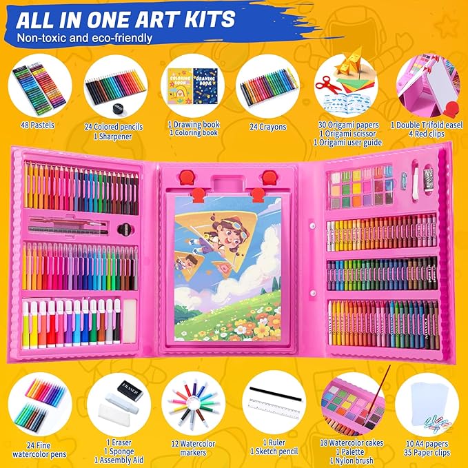 All in One Art Supplies, Art Kit Includes Easel, Origami Paper, Colored Pencils, Crayons, Drawing Book, Coloring Book, Watercolor Pens, Markers and Oil Pastels, Gifts for Girls Boys Teens, Pink