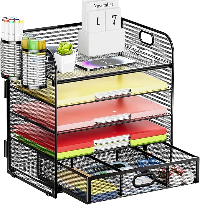 Lavatino 5 Tier Paper Organizer for Desk, Letter Tray with Drawer and 2 Pen Holders, Mesh File Sorter, Desktop Document Shelf Storage Organization Office School Home Black With Drawer