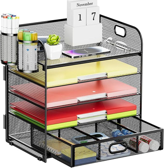 Lavatino 5 Tier Paper Organizer for Desk, Letter Tray with Drawer and 2 Pen Holders, Mesh File Sorter, Desktop Document Shelf Storage Organization Office School Home Black With Drawer