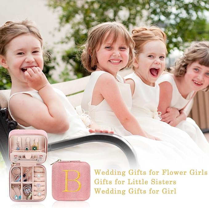 Parima Bridesmaid Proposal Gifts Wedding Day - Small Jewelry Box Travel Jewelry Case Organizer for Women Matron Maid Of Honor Bachelorette Party favors Bride Gift Flower Girl Gifts - Letter J, Pink
