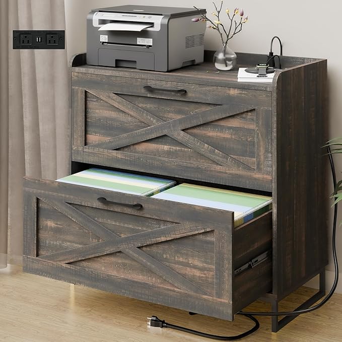 Lateral File Cabinet 2 Drawer File Cabinet with Charging Station for Legal/Letter/A4 Size Hanging Files, Modern Farmhouse Large Wood File Storage Cabinet for Home Office Furniture(Dark Rustic Oak)