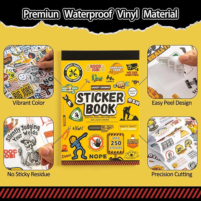 250+ Hard Hat Stickers for Adults - Funny Sticker Book for Water Bottle, Helmet, Cars, Tool Box, Truck, Motorcycle, Cooler, Laptop - Blue Collar Cool Fun Hardhat Stickers Gifts for Men, Waterproof