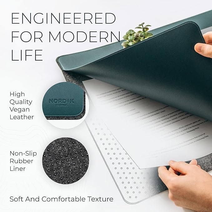 Nordik Felt and Leather Desk Mat Non-Slip - Green - 35 X 17 Inch - Dual Layer - Felt and Vegan Leather Desk Pad - Document Organizers - Blotter and Desktop Mat - Protector Laptop Matt for Desktop