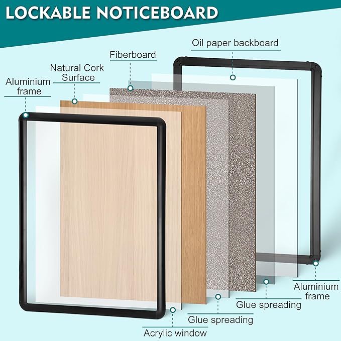 Magula 24"x18" Enclosed Cork Bulletin Board Tamper-Proof Dispaly Case, Black Aluminium Frame, Shatter Resistant Lockable Bulletin Board, Enclosed Cork Board for School, Office,Commercial,Hospital etc