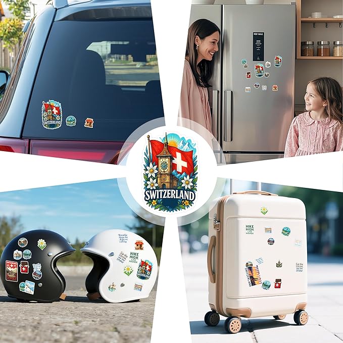 100 PCS Switzerland Stickers Pack, Vinyl Waterproof Decals of Zurich Alps Matterhorn Swiss Flag Cheese Chocolate Travel Souvenirs, Gift for Kids Teens Adults Scrapbook Laptop Water Bottle Car