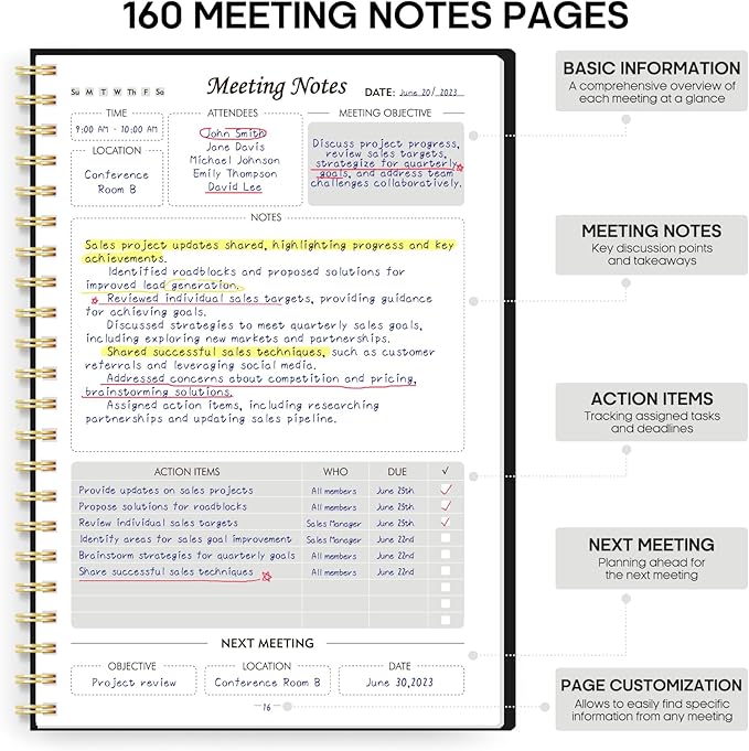 Meeting Notebook For Work Organization - Work Notebook With Action Items, Agenda Planner For Note Taking, 160Pages (6.9" X 9.9") Project Planner For Men & Women - Black