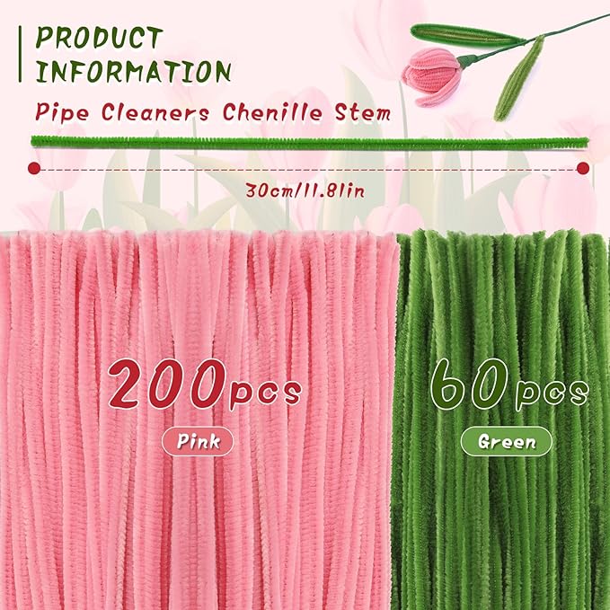 Pipe Cleaner Flowers Pink Pipe Cleaners Set Chenille Stems Green Pipe Cleaner Flower Kit Pipe Cleaners Bulk with Floral Wire Instructions for DIY Art and Craft Projects Creative(10 Flowers)