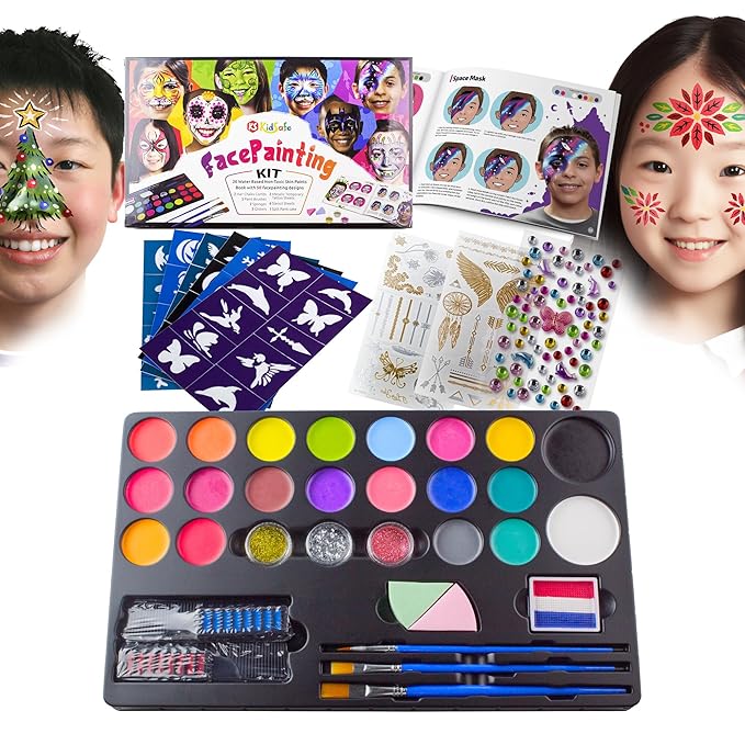 KidSafe 20-Color Face Painting Kit for Kids: Non-Toxic Water-Based Paints with Professional Tutorial Book (50 Designs), Stencils, Glitters, Hair Chalks & Brushes
