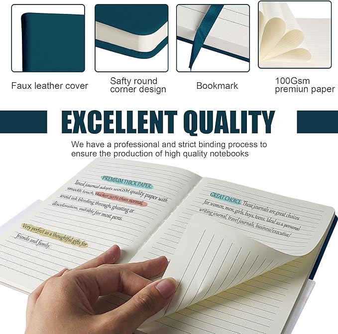 Lined Journal Notebook, 10Pack(Turquoise), 160 Pages, Medium 5.7 inches x 8 inches - 100 gsm Thick Paper, Hardcover