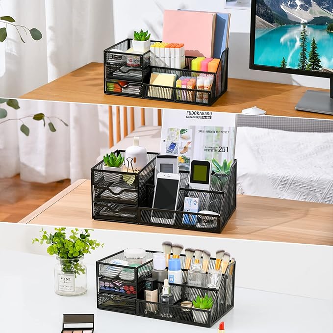 Lavatino Larger Mesh Desk Organizer with Drawers, Multifunctional Desk Organizers and Accessories with 6 compartments + 2 Drawer, Office Desktop Organization for supplies (Black)