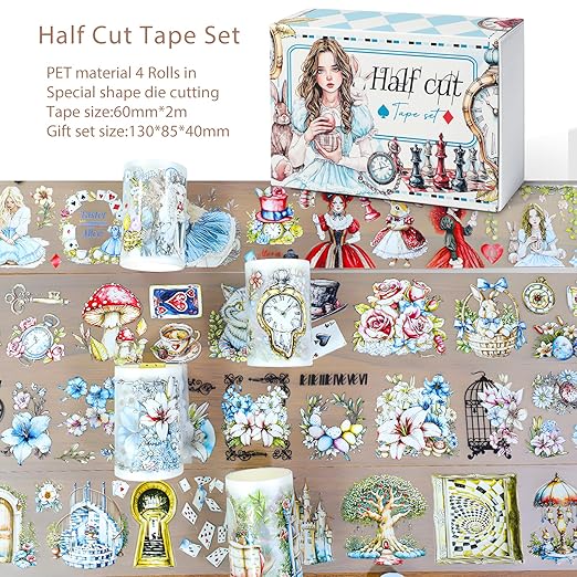Snycler Pre-Cut Fairy Tale Themed PET Washi Tapes - Vintage Aesthetic Tape Stickers for Journaling, Scrapbooking, Junk Journals, Crafts, Planners - 4 Rolls